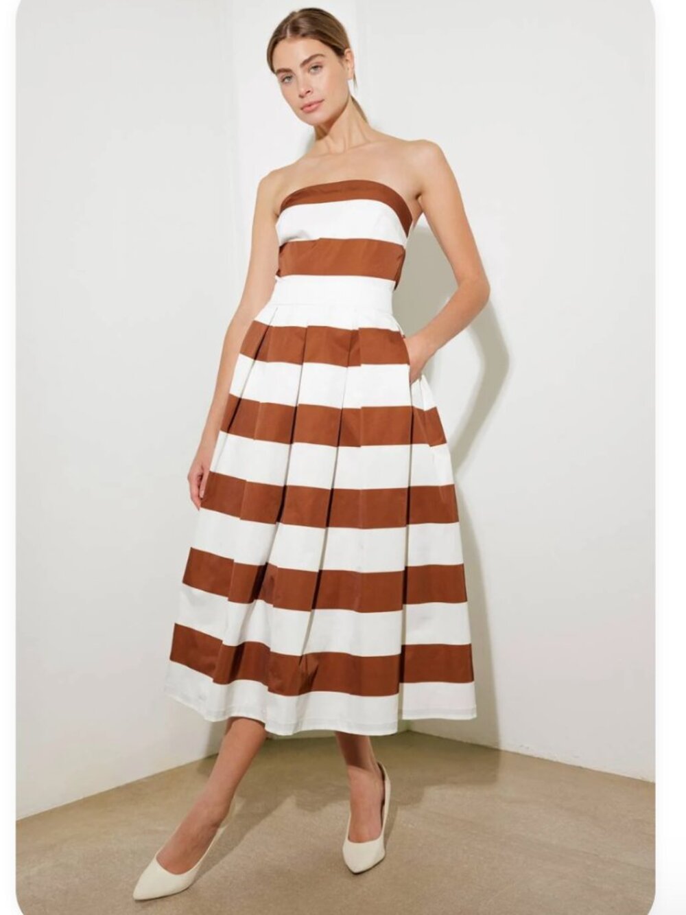 FreeMarket | Striped Strapless Midi Dress in Rust and Cream